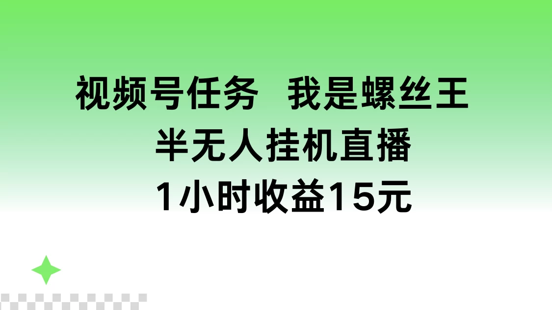 视频号任务，我是螺丝王， 半无人挂机1小时收益15元 - 天能资源