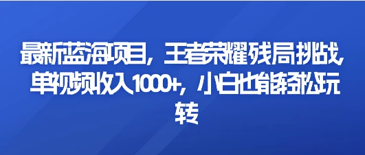 最新蓝海项目，王者荣耀残局挑战，单视频收入1000+，小白也能轻松玩转 - 天能资源