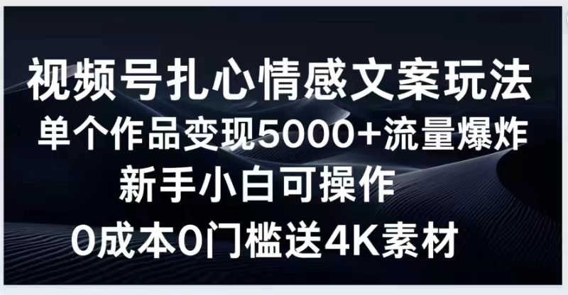 视频号扎心情感文案玩法，单个作品变现5000+，流量爆炸，两分钟一条作品，新手小白可操作，0成本0门褴送4K素材送工具 - 天能资源