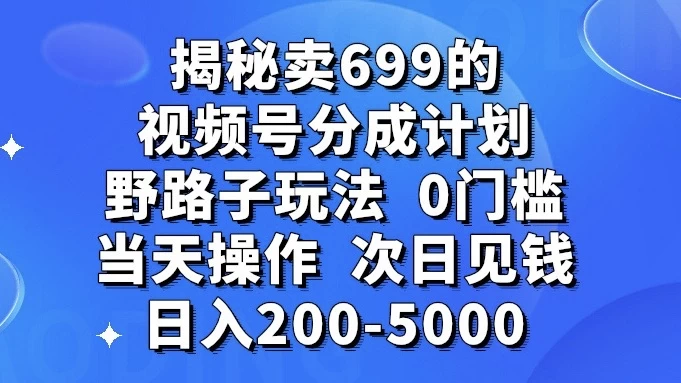 揭秘卖 699 的视频号分成计划野路子玩法，日入 200-5000，0 门槛，当天操作，次日见钱 - 天能资源