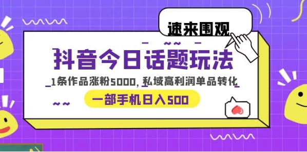 一部手机轻松实现日入 500，抖音今日话题玩法，1条作品涨粉 5000，私域高利润单品转化 - 天能资源