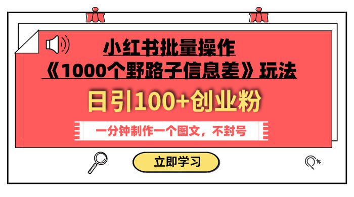 小红书批量操作《 1000 个野路子信息差》玩法，日引 100+ 创业粉，一分钟一个图文 - 天能资源