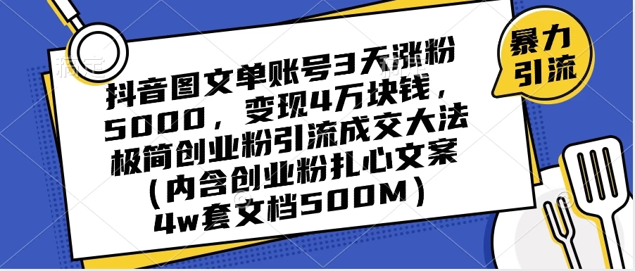抖音图文单账号 3 天涨粉 5000，变现 4 W，极简创业粉引流成交大法（内含扎心文案） - 天能资源